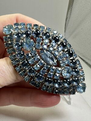 Eclipse Ice Blue Rhinestones & Navette Vintage Silver Brooch Pin M