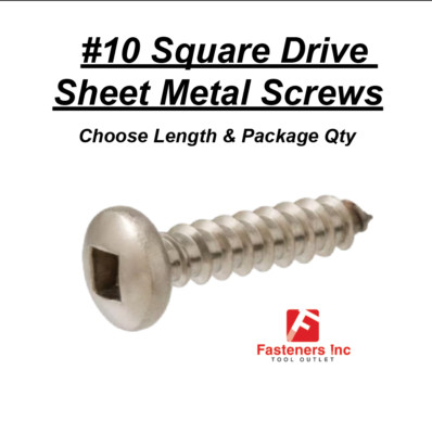 #10 Sheet Metal Screws Stainless Steel Pan Head Square Drive (Choose Size & Qty)
