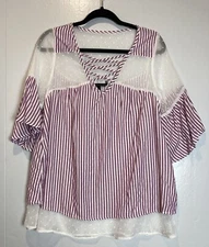 Signature Studio Swiss Dot Striped Tunic Top Size L Chiffon Bell Sleeves Spring