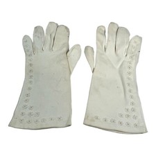 Vintage Formal Evening Gloves Vintage Embroidered Flowers White 9" Long READ