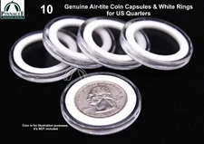 10 Genuine Airtite Coin Capsule Holders with 24mm White Rings for US Quarters