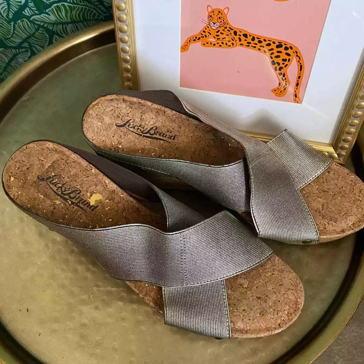 Lucky Brand Miller Elastic Strap Cork Wedge Sandals Metallic 7.5