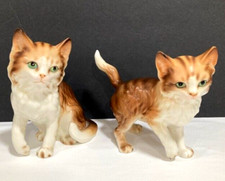 2 Lefton Tabby Kitten Cat Ceramic Figurines with Green Eyes 6.5