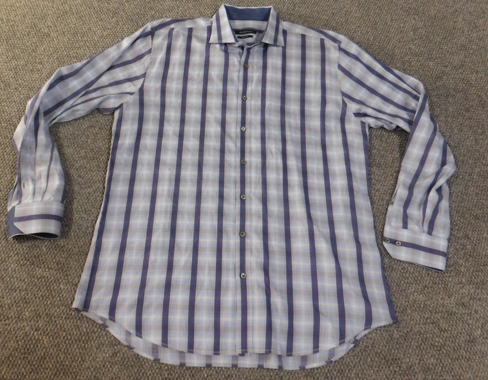 Bugatchi Shirt xl blue plaid mens shaped fit plaid button up geometric business - Image 3 of 4