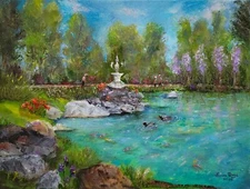 original oil painting landscape pond flowers animals people rocks canvas artwork