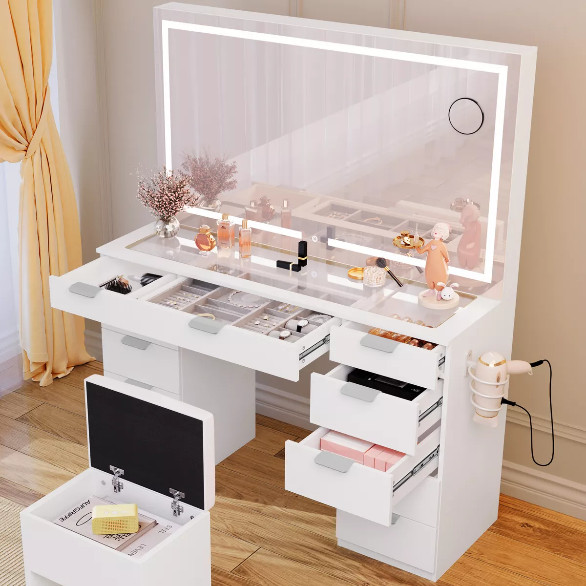 Vanity Set Led Lighted with Sliding Mirror Makeup Dressing Table