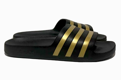 Adidas Women's Adilette Aqua Slides, Size 11, Black/Metallic Gold
