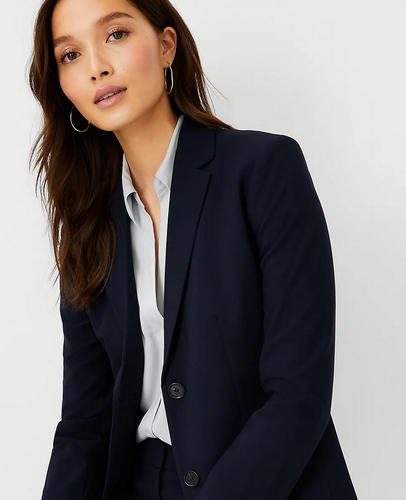 NEW ANN TAYLOR $189 BLACK SEASONLESS STRETCH LONG TWO BUTTON BLAZER SZ 16 - Picture 2 of 4