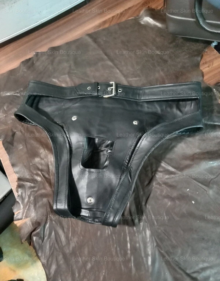 New Men's Sheepskin Leather Briefs Jockstrap Thong Pouch Slip String Underwear - Image 3 of 4