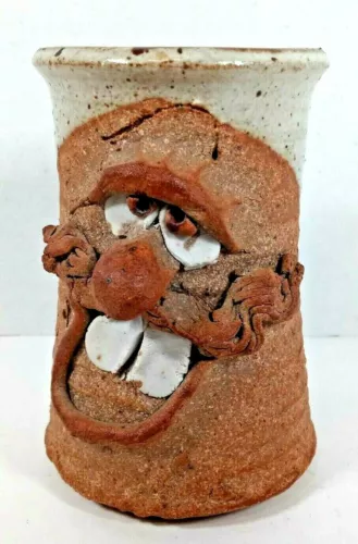 Vintage Funny Ugly Face Coffee Cup Mug 3D Stoneware Buck Teeth Tooth Mustache 