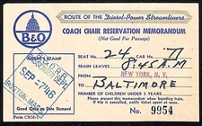 Baltimore & Ohio Railroad Stamped Coach Chair Reservation Memo #9954 1946
