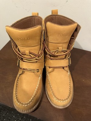 Polo Polo Bear Tan Leather Lace-Up Ankle Boots Embroidered Round Toe