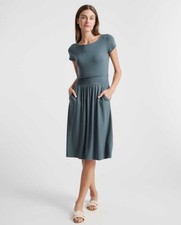 Quince Navy Blue Tencel Jersey Ruched Waist Dress sz S  Short Sleeve Midi