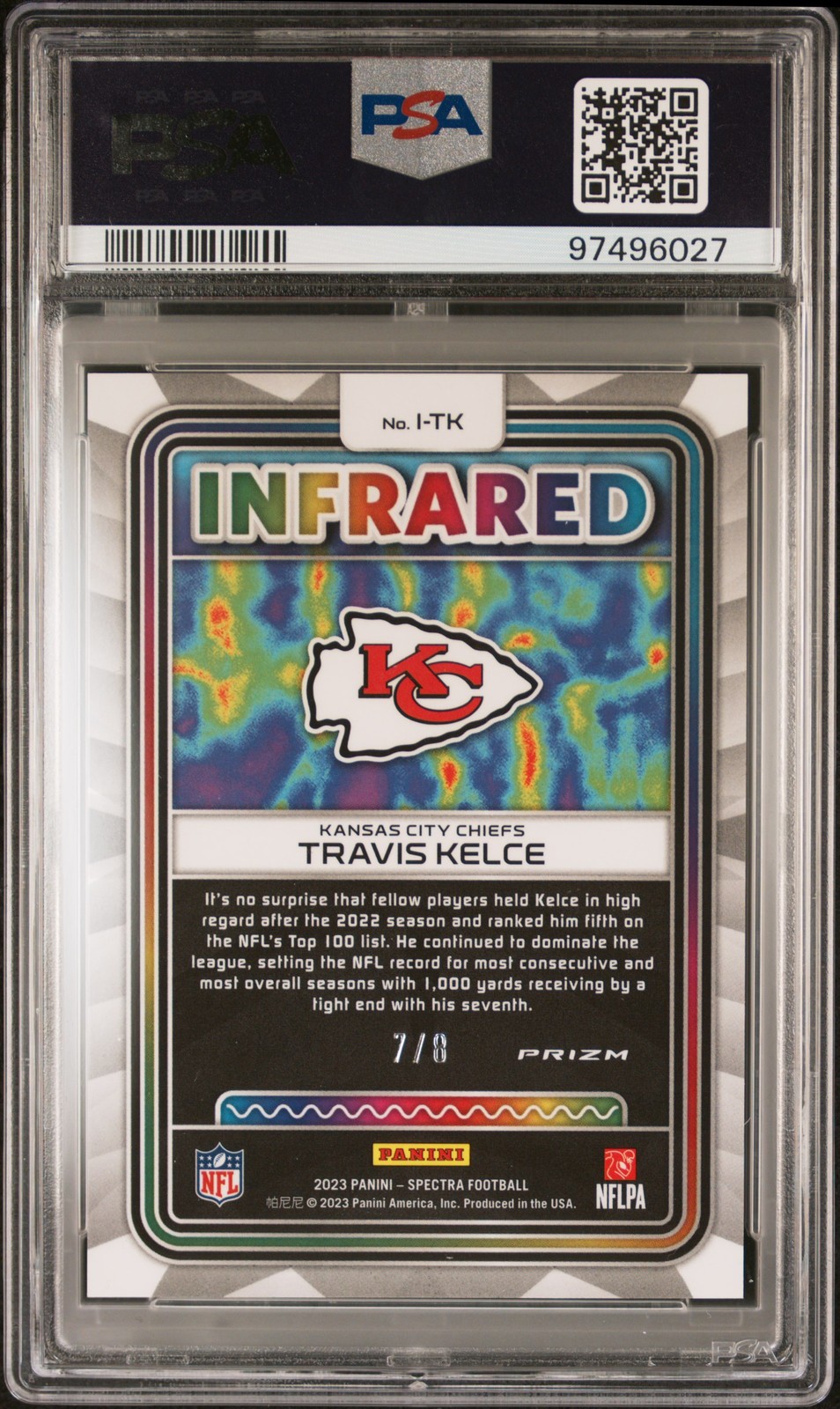 2023 Spectra Travis Kelce #7/8 PSA 10 Infrared Neon Splatter Prizm Case Hit! view 2