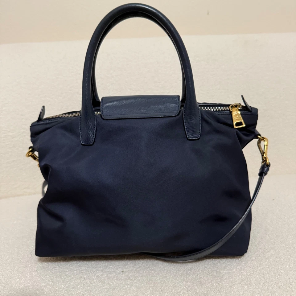 Prada Tessuto Vitello 皮革装饰挎包斜挎包海军蓝金色 — 第 3/4 张图片