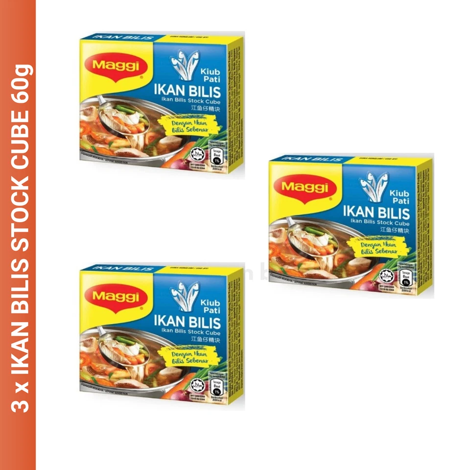 3 Paquetes 60g MAGGI Anchoas Ikan Bilis Stock Cubo Sabor para Sopas, Fideos de Arroz Foto 2 de 4