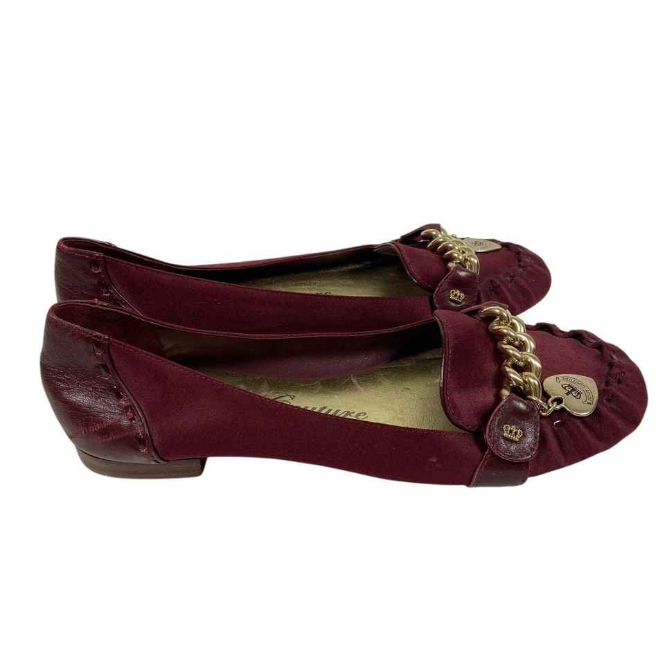Juicy Couture Vintage Y2K Burgundy Velvet Loafers Gold Chain Crown Accents 7.5 - Image 2 of 4