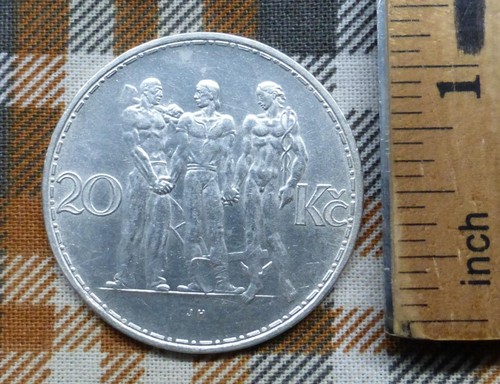 1934 Czechoslovakia 70% Silver 20-Korun Coin, Three Standing Figures, KM #17