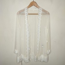 Frederick's of Hollywood Sheer Robe Topper S / M Women No Belt White Lace Trim