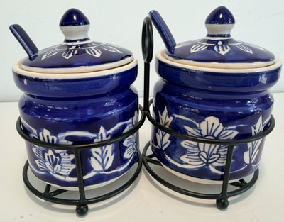 Blue White Jam Mustard Condiment Set of 2 Jars w Lids Spoons Metal Rack Vintage