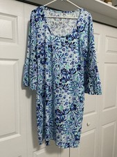 Lilly Pulitzer 3/4 Bell Sleeve Shift Dress Blue Green Floral Cotton Scoop L
