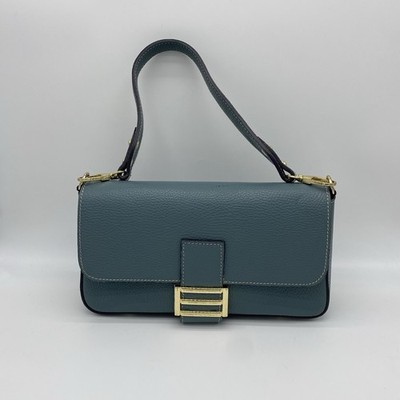 Divina Firenze Leather Crossbody Bag Teal Blue Gold Hardware Shoulder Purse