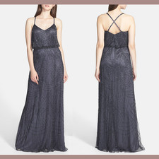 NEW Adrianna Papell 10 Beaded Chiffon Blouson Gown in Gunmetal A220