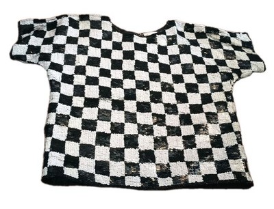 Vtg Chanson D'Amour Beaded Sequin Top Sz S Silk Cropped Black White Checkerboard