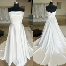 Simple Satin Wedding Dresses Off Shoulder Sleeveless A-Line Bridal Gowns Train
