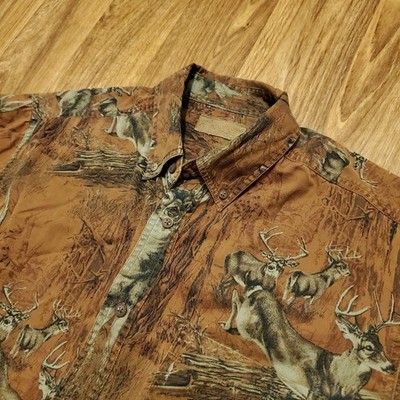Vintage Deer Shirt Men Medium Brown Button Down Woods Hunting Fall North River