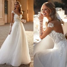 Elegant A Line Wedding Dresses V Neck Cap Sleeves Lace Appliques Bridal Gowns