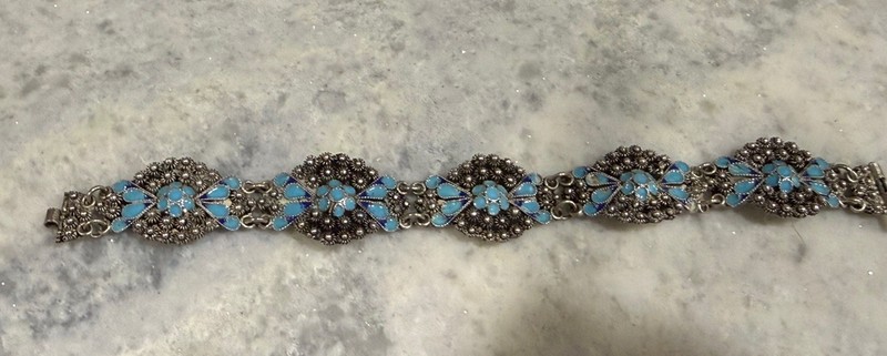 Antique 900 Silver Cannetille Link Bracelet Panel Enamel Flowers 