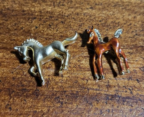 Set of 2 Horse Pony Pins Goldtone Brown Enamel Equestrian