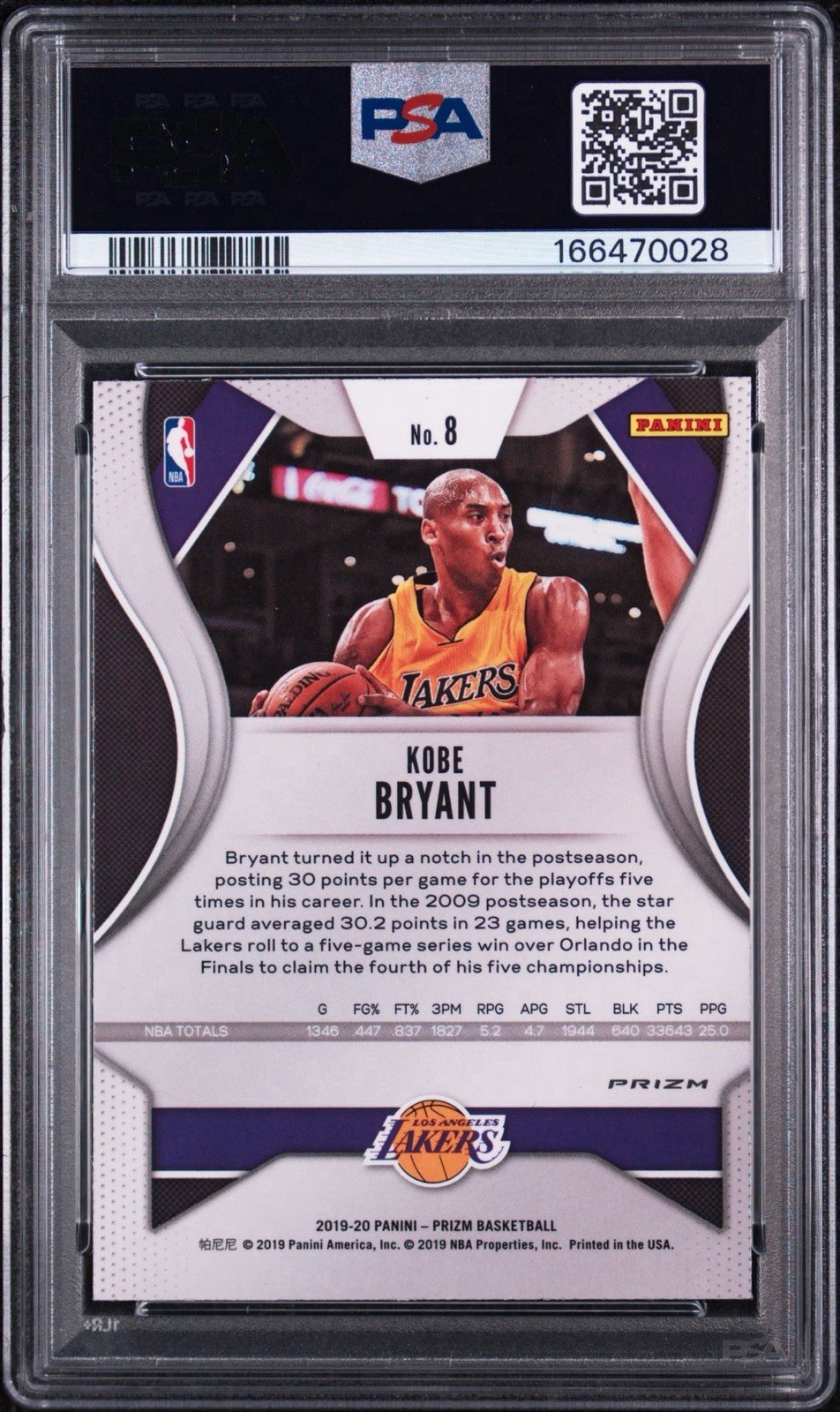 Panini 2019-20 Prizm Kobe Bryant #8 Purple Wave Prizm PSA Cert 166470028 view 2