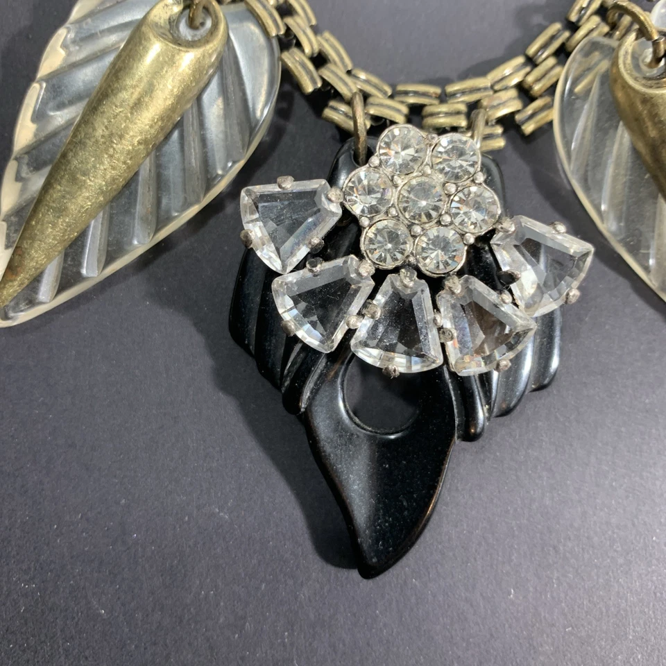 "Collar estilo Art Deco tono dorado para mujer transparente negro hoja de lucita estrás 19""" Foto 4 de 4