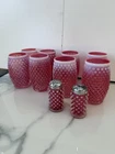 Vintage Fenton Cranberry Opalescent Hobnail Tumblers Glasses &Salt/Pepper Shaker