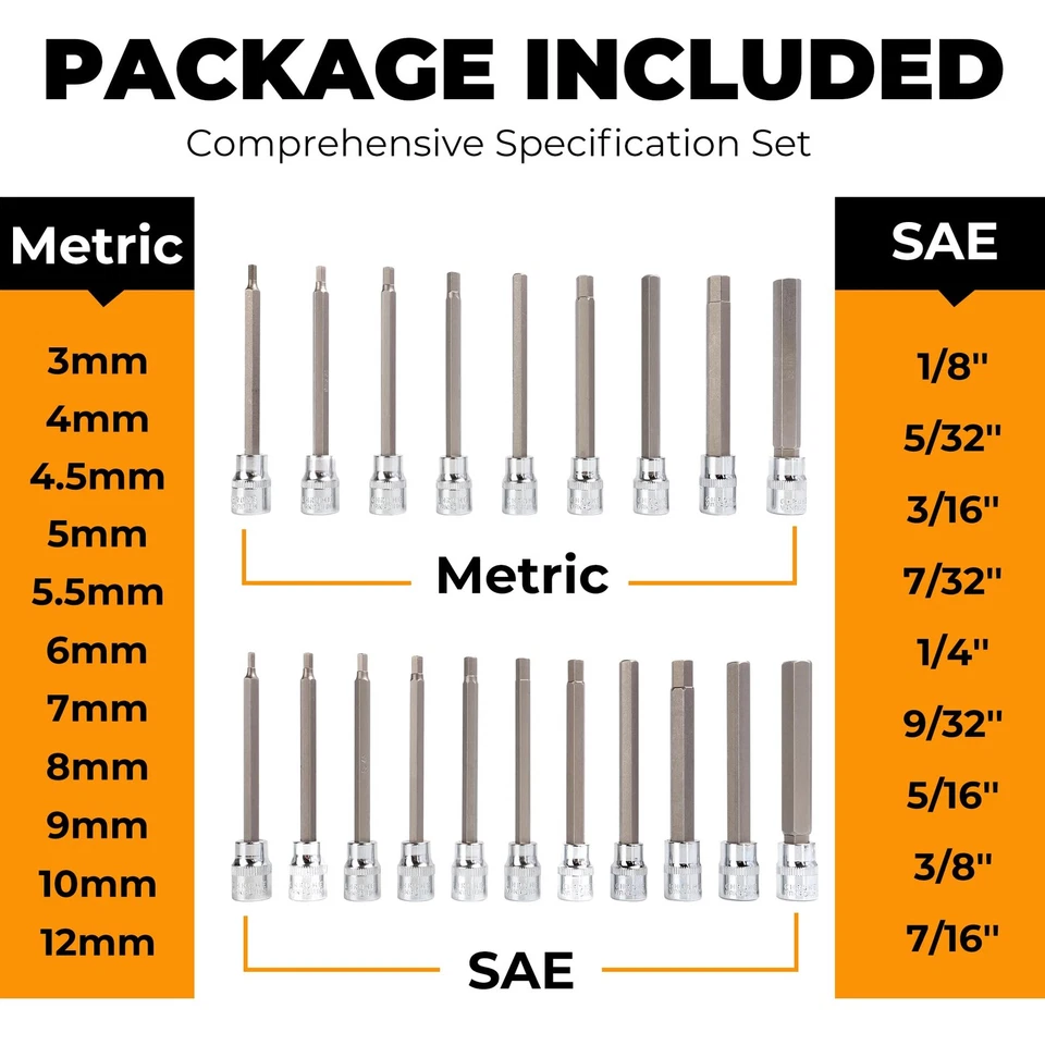 20PC 3/8" Drive Extra Long Allen Hex Bit Socket Set - Long Allen Socket Set c... - Image 2 of 4