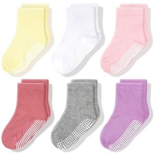 Non-Slip Crew Grip Socks Girls Solid - 6 pairs, 1-3 Years Old