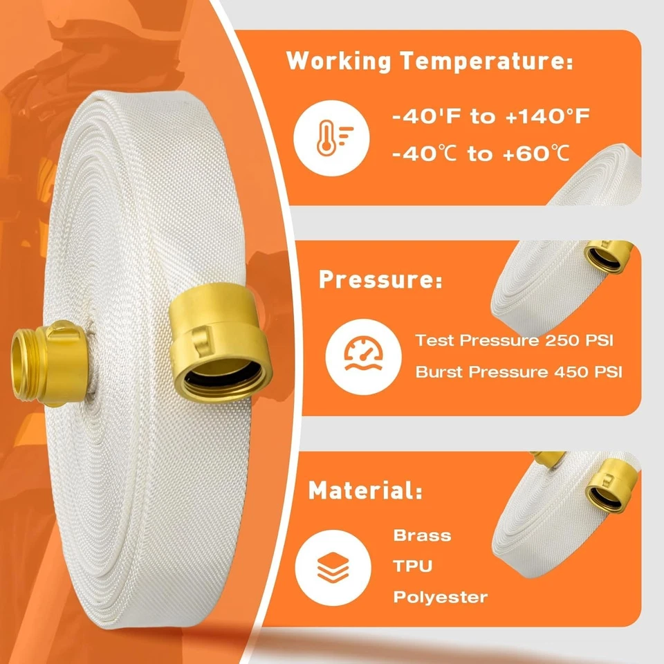 Manguera contra incendios de 100 pies, identificación de 1-1/2", manguera de boca de incendios de 1,5 pulgadas, acoplamiento de latón M × F NST/NH Foto 3 de 4