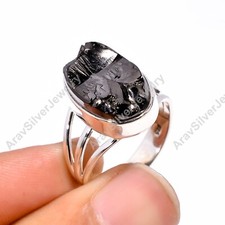 Natural Raw Shungite Gemstone Ring Black Stone 925 Sterling Silver Boho Rings