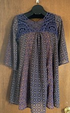 NEW Japna 3/4 Sleeve Geometric Peasant Dress Women Small Crochet Neck Blue Pink