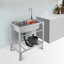 Stainless Steel Single Basin Kitchen Sink Home Laundry Sink with Faucet & Stand