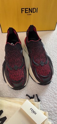 $ 1050 Fendi Men's Fendi Flow Knit Slip-On Sneakers in black/red size UK8 US9