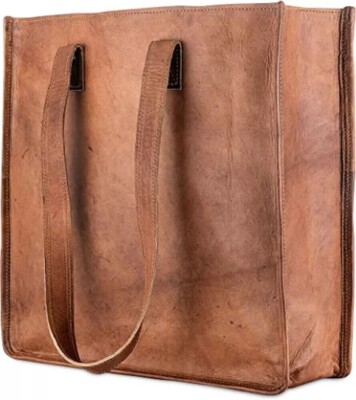 Handmade Brown Genuine Vintage Real Goat Leather Shoulder Tote Handbag Bag Purse