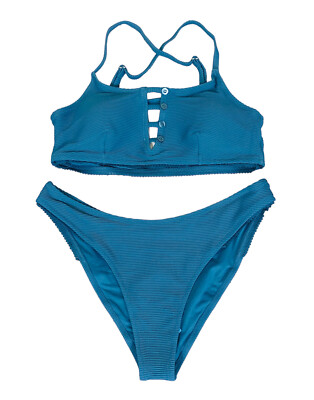 CUPSHE 2-PC Bikini Swimsuit Size Large Blue High Rise Strappy Padded