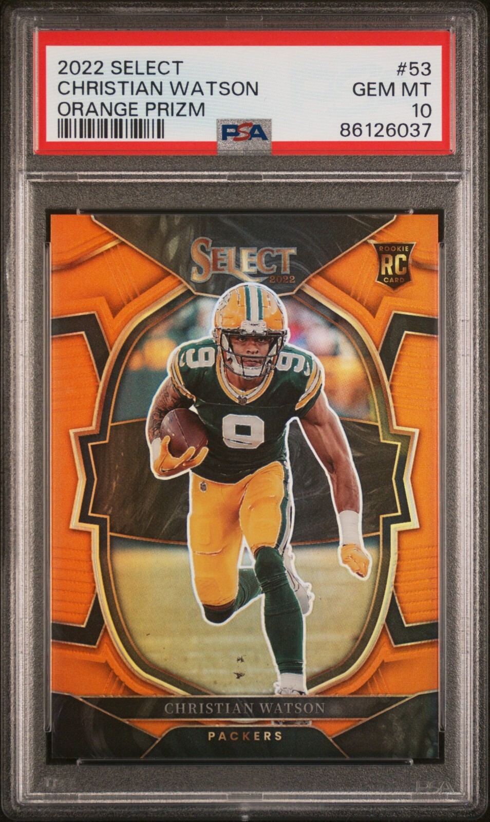 2022 Select Christian Watson Concourse Orange Prizm /49 RC #53 PSA 10