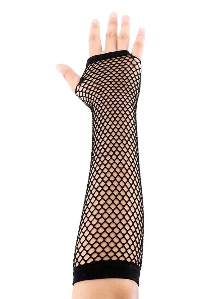 Goth Black LONG FISHNET MESH ARM WARMER SLEEVE Fingerless Cosplay Costume Gloves - Image 2 of 4