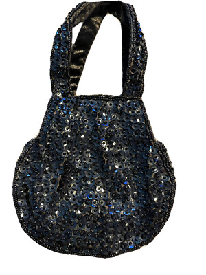 Vtg CARLO FELLINI Bag Blue Slate Beaded Evening Purse Sequins Velvet Lined Small