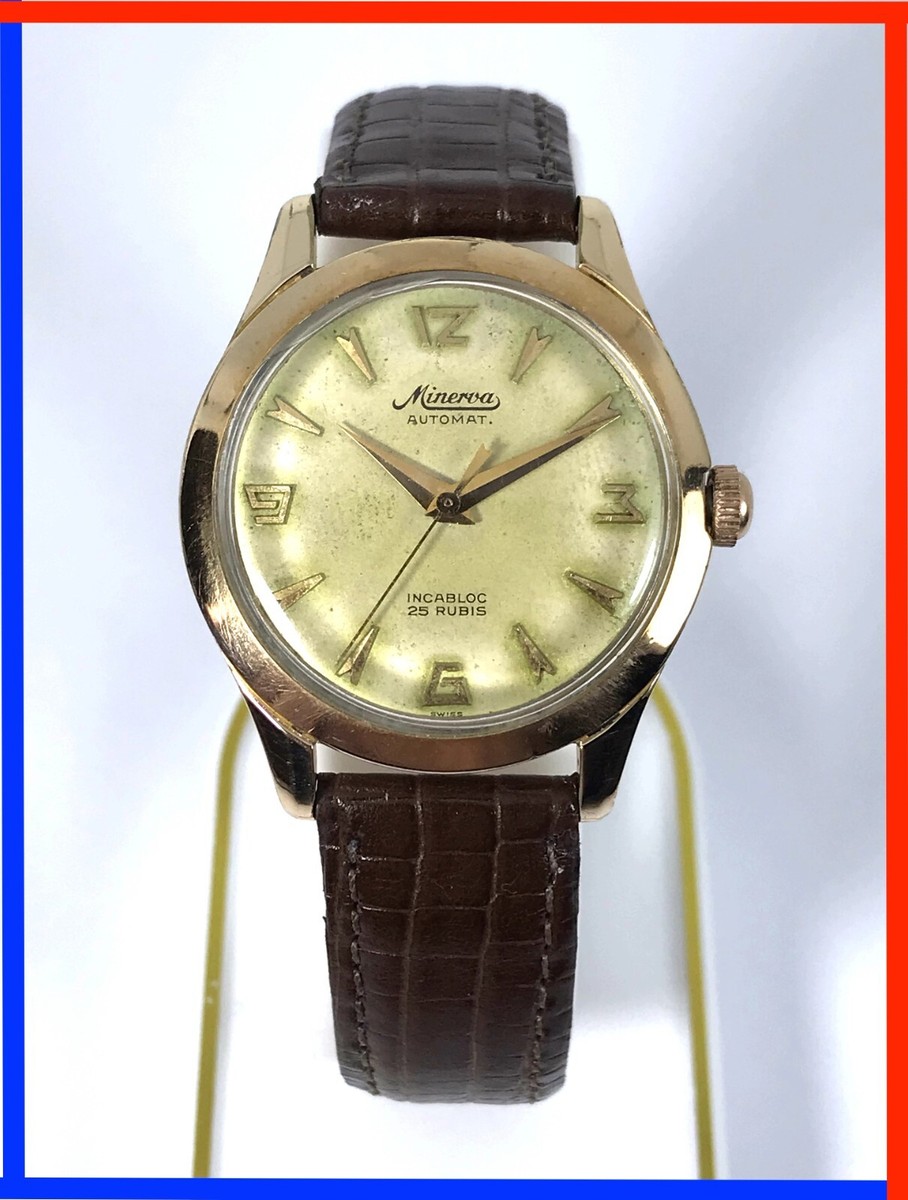VINTAGE 60s MINERVA AUTOMATIC, 32mm PINK GOLD-PLATED, 3X SIGNED