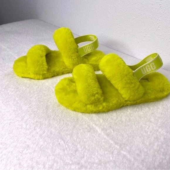 Nuova pantofola UGG Oh Yeah Fluffy Slide in giallo fluo verde taglia 3